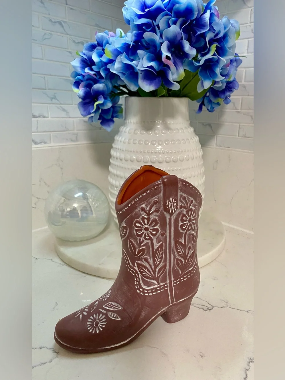Decorative Brown Floral Cowboy Boot Vase - Home Accents